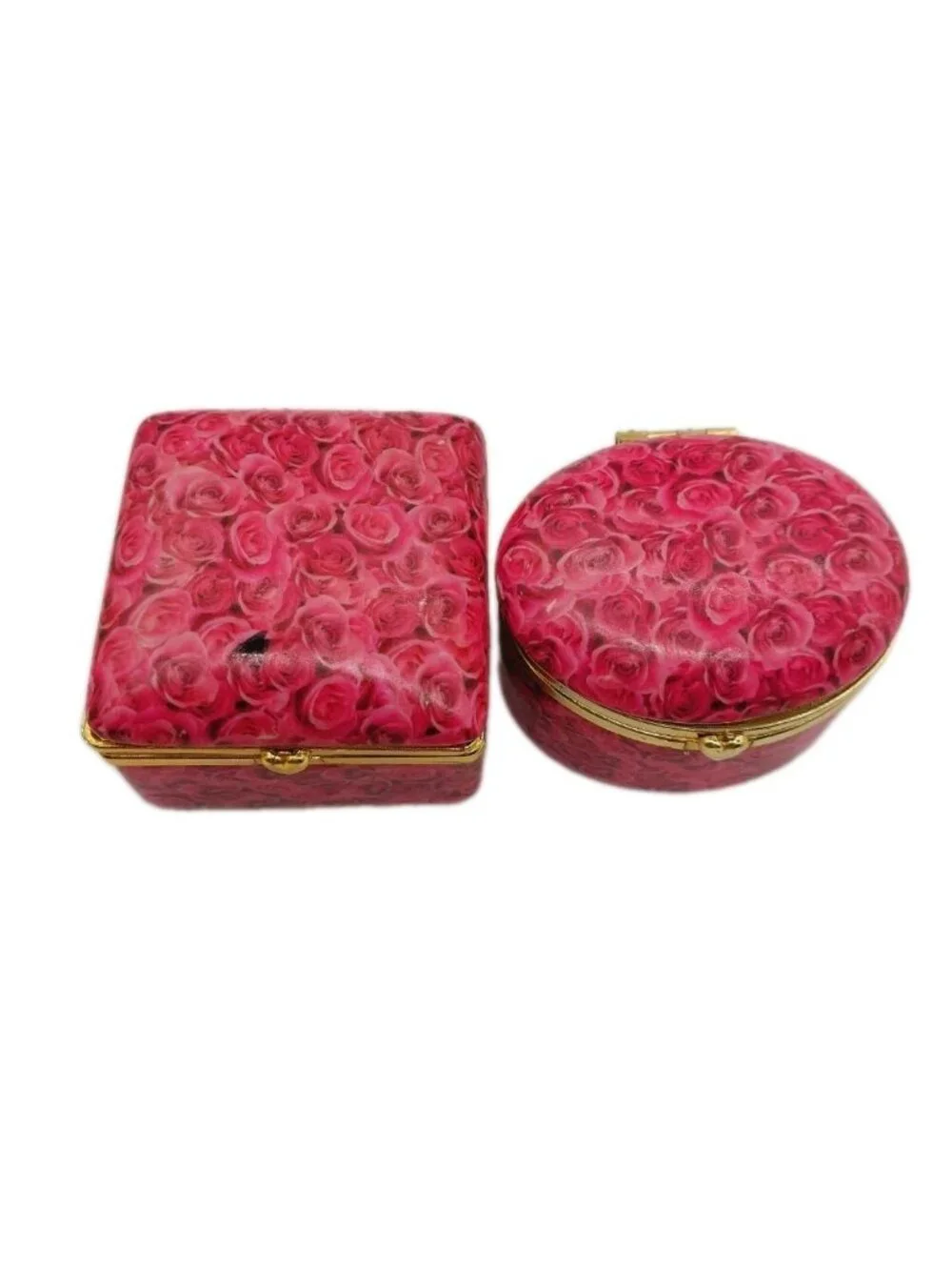 Trinket Box Pink Roses Hinged Round And Square Set Of 2 READ